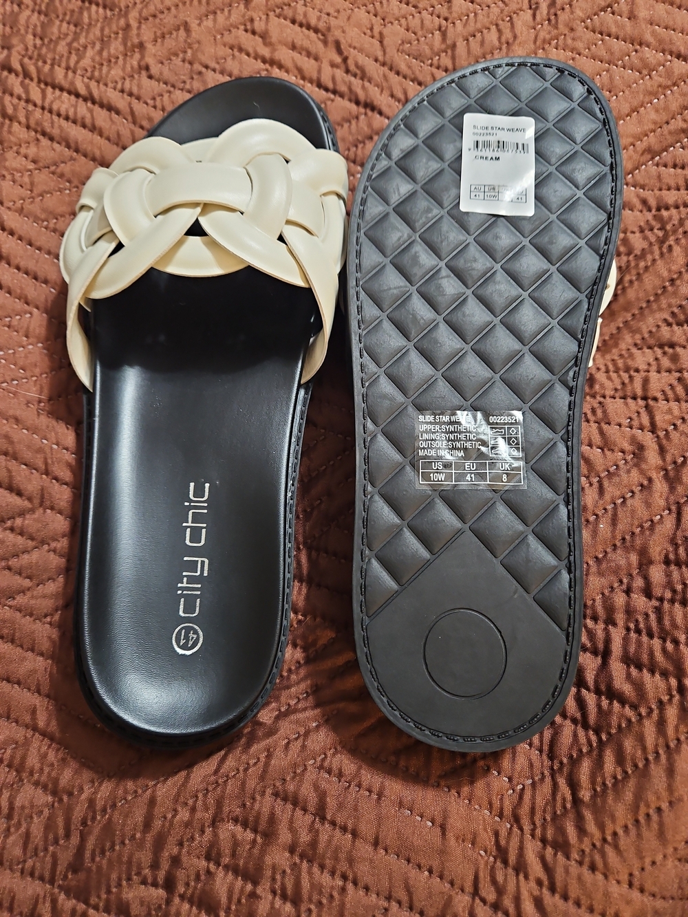 City Chic Cream Braided Slide Sandals with Black Footbed